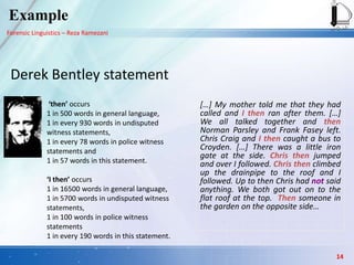 Forensic Linguistics – Reza Ramezani
Derek Bentley statement
‘then’ occurs
1 in 500 words in general language,
1 in every 930 words in undisputed
witness statements,
1 in every 78 words in police witness
statements and
1 in 57 words in this statement.
‘I then’ occurs
1 in 16500 words in general language,
1 in 5700 words in undisputed witness
statements,
1 in 100 words in police witness
statements
1 in every 190 words in this statement.
[…] My mother told me that they had
called and I then ran after them. […]
We all talked together and then
Norman Parsley and Frank Fasey left.
Chris Craig and I then caught a bus to
Croyden. […] There was a little iron
gate at the side. Chris then jumped
and over I followed. Chris then climbed
up the drainpipe to the roof and I
followed. Up to then Chris had not said
anything. We both got out on to the
flat roof at the top. Then someone in
the garden on the opposite side…
Example
14
 