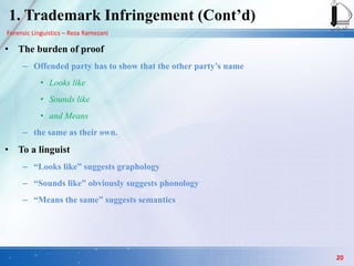 Forensic Linguistics – Reza Ramezani
1. Trademark Infringement (Cont‟d)
• The burden of proof
– Offended party has to show that the other party‟s name
• Looks like
• Sounds like
• and Means
– the same as their own.
• To a linguist
– “Looks like” suggests graphology
– “Sounds like” obviously suggests phonology
– “Means the same” suggests semantics
20
 
