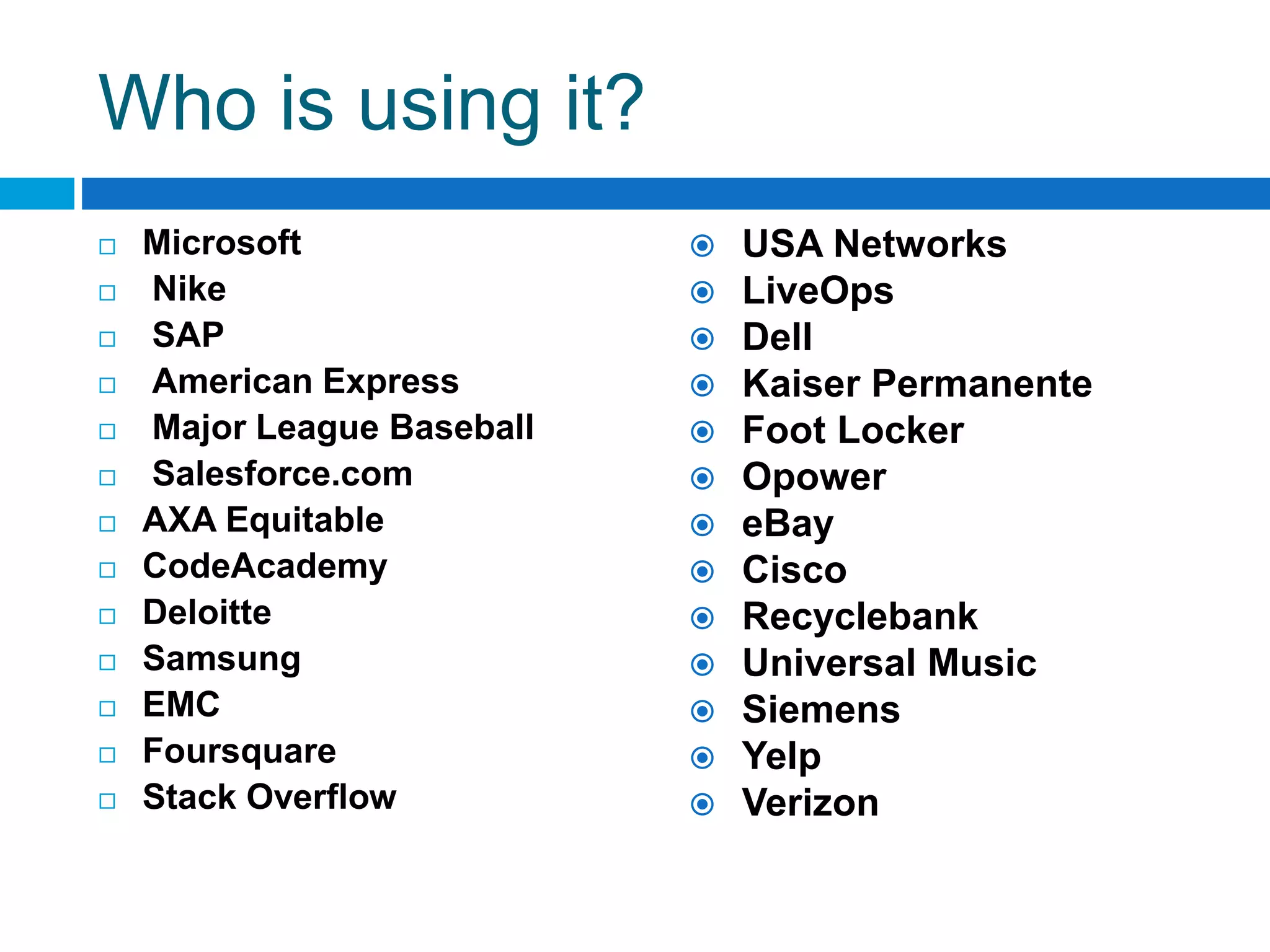 Who is using it?
 Microsoft
 Nike
 SAP
 American Express
 Major League Baseball
 Salesforce.com
 AXA Equitable
 CodeAcademy
 Deloitte
 Samsung
 EMC
 Foursquare
 Stack Overflow
 USA Networks
 LiveOps
 Dell
 Kaiser Permanente
 Foot Locker
 Opower
 eBay
 Cisco
 Recyclebank
 Universal Music
 Siemens
 Yelp
 Verizon
 