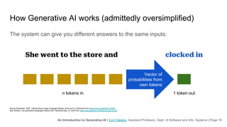An Introduction to Generative AI | Cori Faklaris, Assistant Professor, Dept. of Software and Info. Systems | Page 16
How Generative AI works (admittedly oversimplified)
The system can give you different answers to the same inputs:
Murray Shanahan. 2022. Talking About Large Language Models. arXiv [cs.CL]. Retrieved from http://arxiv.org/abs/2212.03551
Bea Stollnitz. How generative language models work. Retrieved May 10, 2023 from https://bea.stollnitz.com/blog/how-gpt-works/
n tokens in 1 token out
She went to the store and clocked in
Vector of
probabilities from
own tokens
 