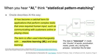 An Introduction to Generative AI | Cori Faklaris, Assistant Professor, Dept. of Software and Info. Systems | Page 5
When you hear “AI,” think “statistical pattern-matching”
● Oracle describes AI this way:
AI has become a catchall term for
applications that perform complex tasks
that once required human input, such as
communicating with customers online or
playing chess.
The term is often used interchangeably
with … machine learning (ML) and deep
learning.
Text from What is Artificial Intelligence (AI)? Oracle, n.d. Retrieved May 16, 2023 from https://www.oracle.com/artificial-intelligence/what-is-ai/
Image from Pattern Recognition. GeeksforGeeks. Retrieved May 16, 2023 from https://www.geeksforgeeks.org/pattern-recognition-introduction/
The data is “tokenized” (= made
into “chunks” of words, punctuation
marks, pixels, etc.) during this
process - remember this for later
 