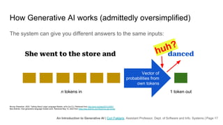 An Introduction to Generative AI | Cori Faklaris, Assistant Professor, Dept. of Software and Info. Systems | Page 17
How Generative AI works (admittedly oversimplified)
The system can give you different answers to the same inputs:
Murray Shanahan. 2022. Talking About Large Language Models. arXiv [cs.CL]. Retrieved from http://arxiv.org/abs/2212.03551
Bea Stollnitz. How generative language models work. Retrieved May 10, 2023 from https://bea.stollnitz.com/blog/how-gpt-works/
n tokens in 1 token out
She went to the store and danced
Vector of
probabilities from
own tokens
huh?
 