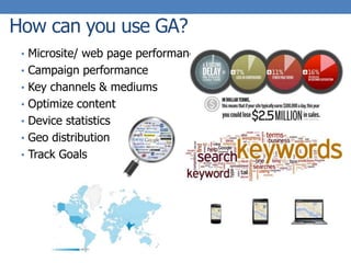 How can you use GA?
• Microsite/ web page performance
• Campaign performance
• Key channels & mediums
• Optimize content
• Device statistics
• Geo distribution
• Track Goals
 