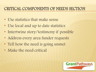 CRITICAL COMPONENTS OF NEEDS SECTION 
•Use statistics that make sense 
•Use local and up to date statistics 
•Intertwine story/testimony if possible 
•Address every area funder requests 
•Tell how the need is going unmet 
•Make the need critical  
