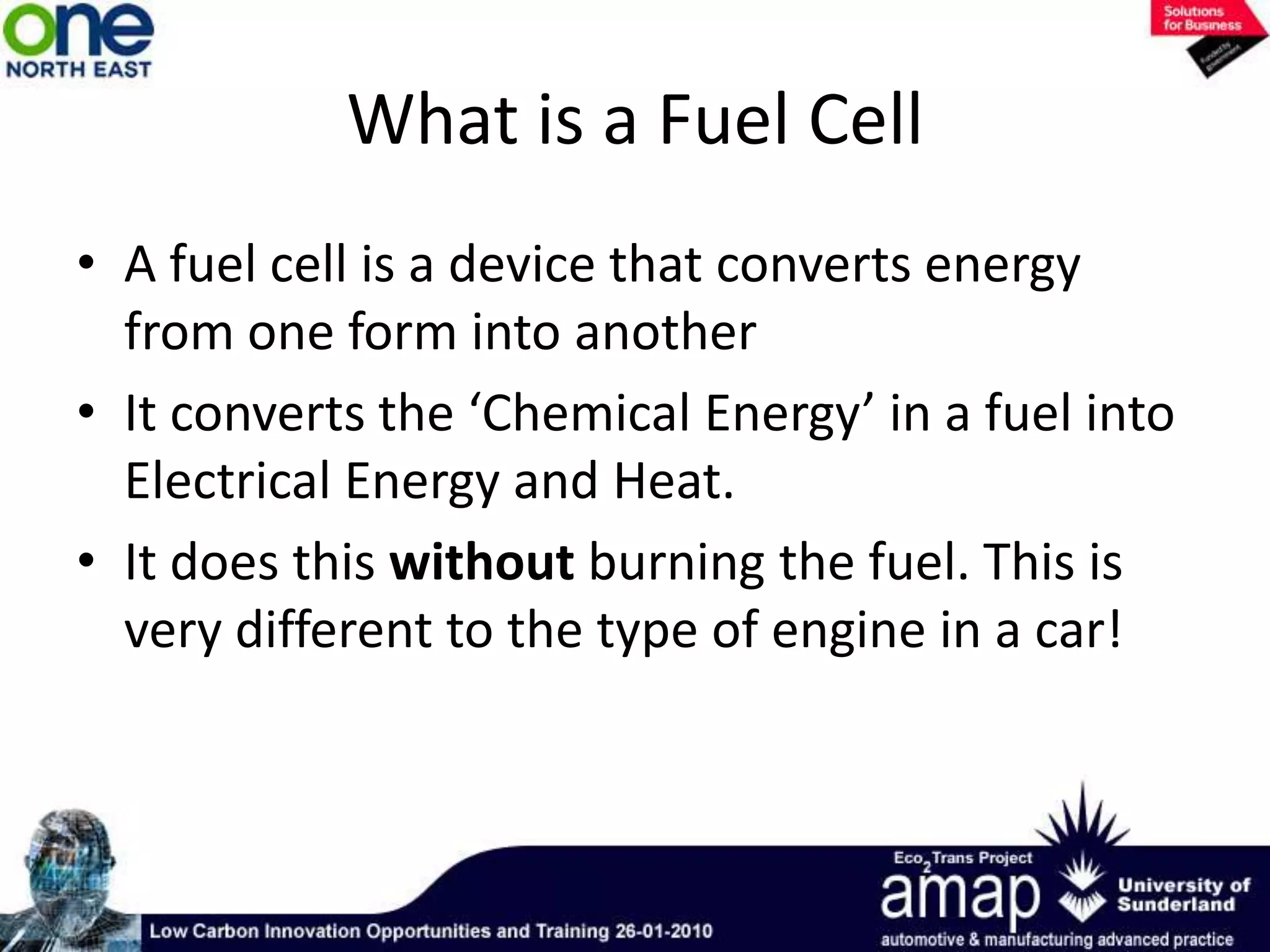 It is lighter than air (unlike petrol which ‘pools’)The good and the Bad1937 - Hindenburg Disaster1969 -Apollo 11 SuccessHydrogen Fuel AdvantagesCan be made anywhereElectricity (plug, solar, wind, etc)Can be stored without lossesBattery does not hold energy overtimeHigh Energy DensityMore efficient and cleaner
