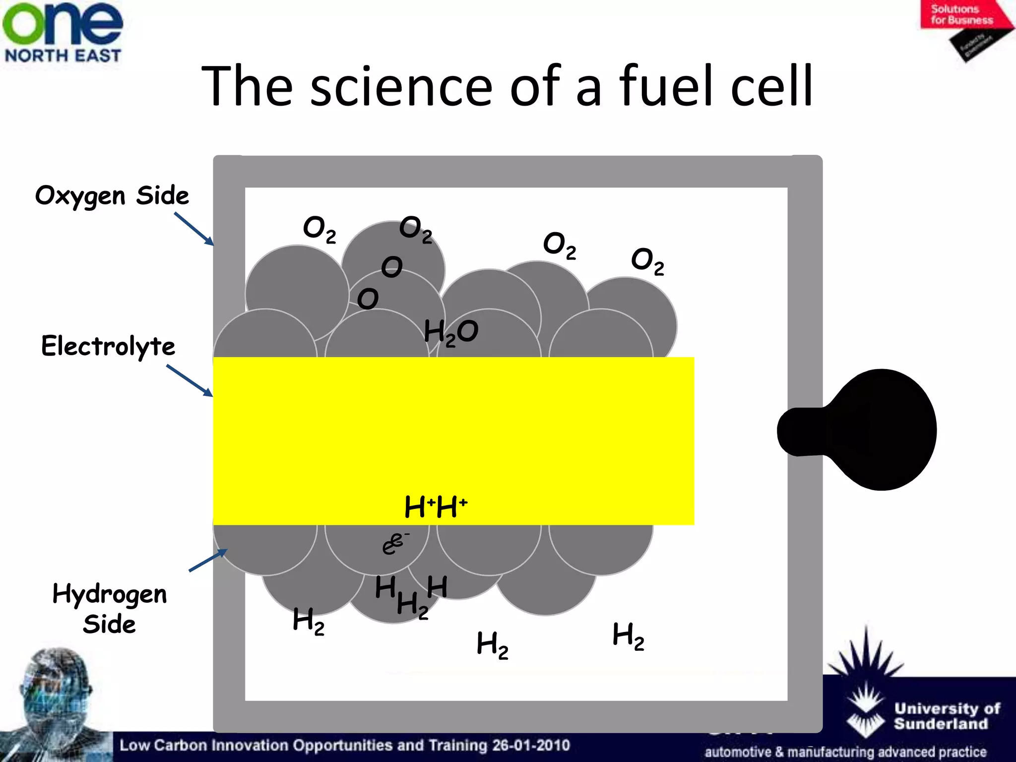 What is a Fuel Cell2H24H+ + 4e-O2+ 4H+ + 4e-           2H2OElectronsElectrolyteReactionthat produces electrons(-)Reactionthat consumes electrons(+)Fuel Oxidant(water)