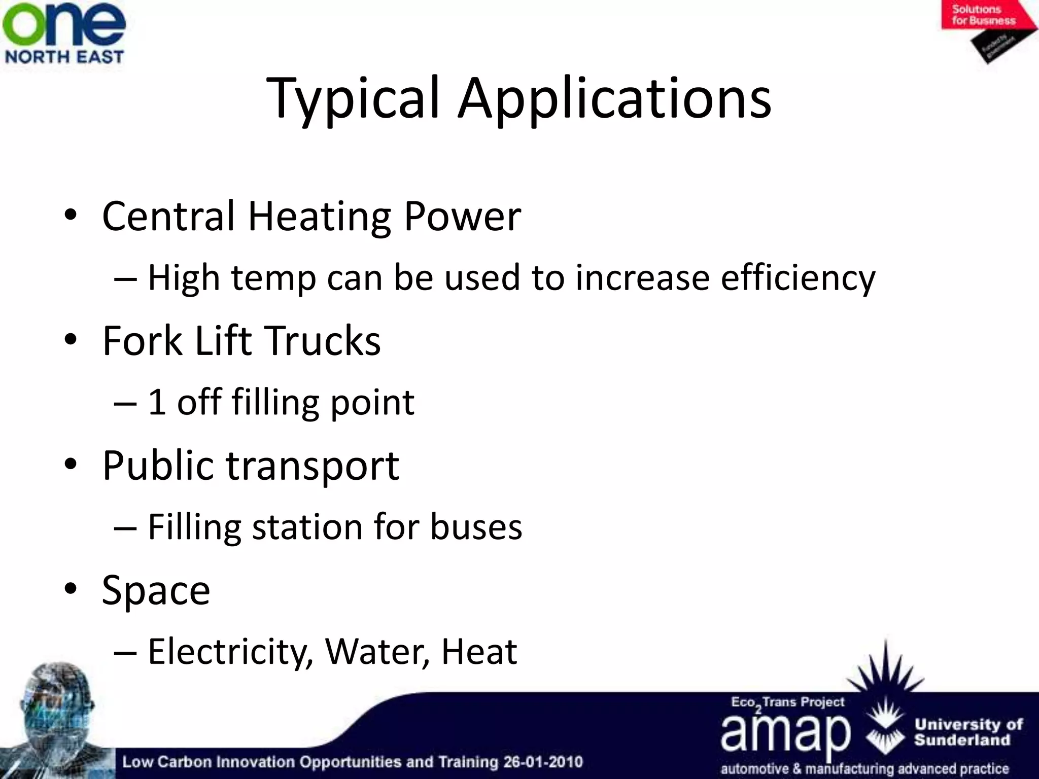 Most suited to stationary applicationsMTU 250kW MCFC “HotModule”High Temperature – Molten CarbonateMolten ionic salt like lithium carbonate in a ceramic matrix conducts CO32- anion