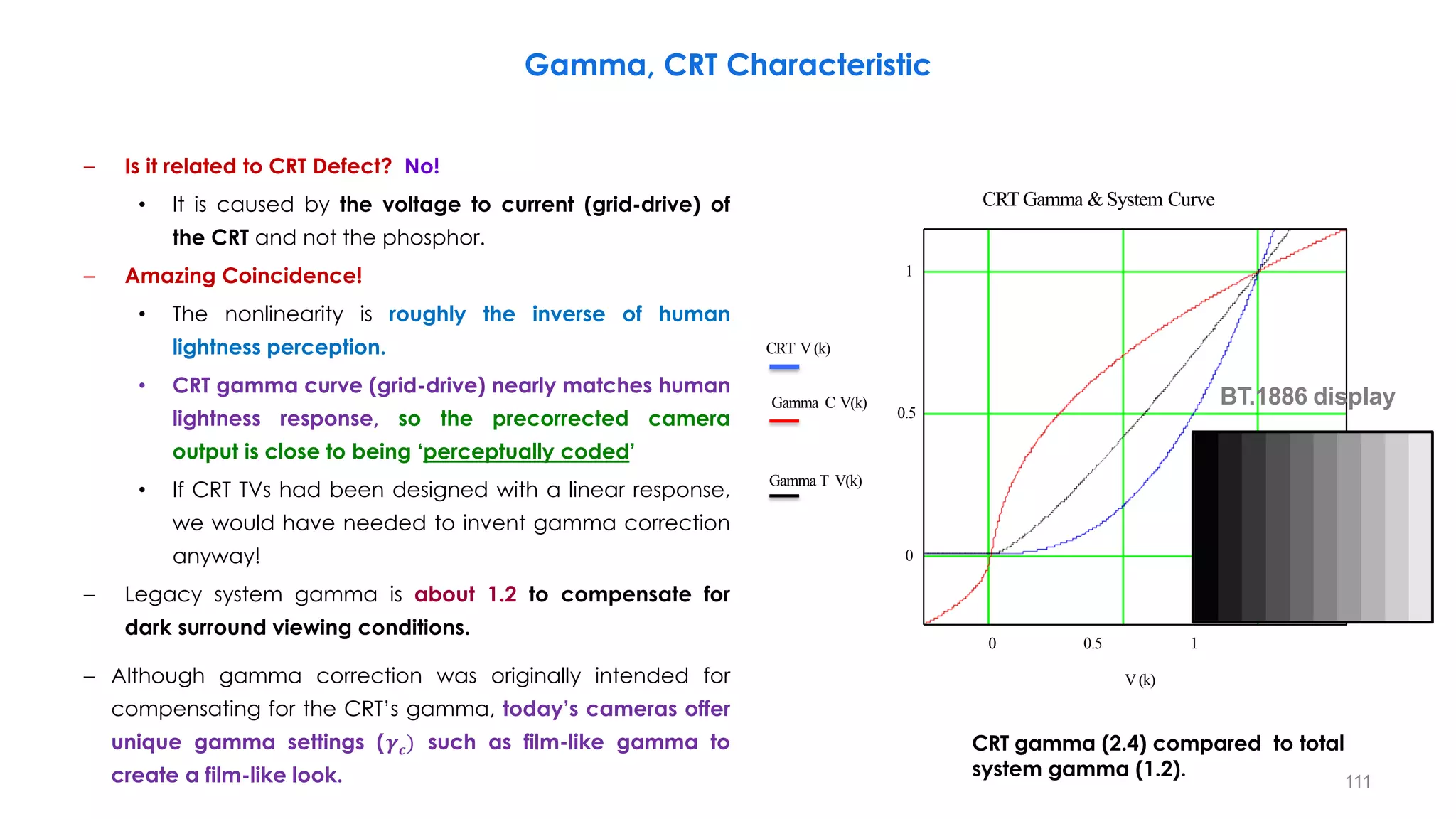 – Is it related to CRT Defect? No!
• It is caused by the voltage to current (grid-drive) of
the CRT and not the phosphor.
– Amazing Coincidence!
• The nonlinearity is roughly the inverse of human
lightness perception.
• CRT gamma curve (grid-drive) nearly matches human
lightness response, so the precorrected camera
output is close to being ‘perceptually coded’
• If CRT TVs had been designed with a linear response,
we would have needed to invent gamma correction
anyway!
– Legacy system gamma is about 1.2 to compensate for
dark surround viewing conditions.
– Although gamma correction was originally intended for
compensating for the CRT’s gamma, today’s cameras offer
unique gamma settings (𝜸𝒄) such as film-like gamma to
create a film-like look. 111
0 0.5 1
0
1
CRT Gamma & System Curve
CRT V(k)
Gamma C V(k)
0.5
Gamma T V(k)
V (k)
CRT gamma (2.4) compared to total
system gamma (1.2).
BT.1886 display
Gamma, CRT Characteristic
 