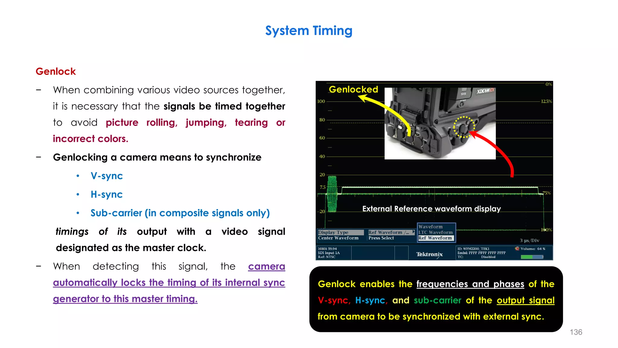 Genlock
− When combining various video sources together,
it is necessary that the signals be timed together
to avoid picture rolling, jumping, tearing or
incorrect colors.
− Genlocking a camera means to synchronize
• V-sync
• H-sync
• Sub-carrier (in composite signals only)
timings of its output with a video signal
designated as the master clock.
− When detecting this signal, the camera
automatically locks the timing of its internal sync
generator to this master timing.
136
System Timing
External Reference waveform display
Genlocked
Genlock enables the frequencies and phases of the
V-sync, H-sync, and sub-carrier of the output signal
from camera to be synchronized with external sync.
 