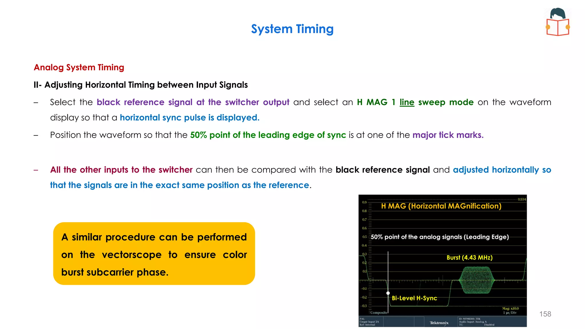 Analog System Timing
II- Adjusting Horizontal Timing between Input Signals
– Select the black reference signal at the switcher output and select an H MAG 1 line sweep mode on the waveform
display so that a horizontal sync pulse is displayed.
– Position the waveform so that the 50% point of the leading edge of sync is at one of the major tick marks.
– All the other inputs to the switcher can then be compared with the black reference signal and adjusted horizontally so
that the signals are in the exact same position as the reference.
System Timing
158
A similar procedure can be performed
on the vectorscope to ensure color
burst subcarrier phase.
50% point of the analog signals (Leading Edge)
Bi-Level H-Sync
Burst (4.43 MHz)
50% point of the analog signals (Leading Edge)
H MAG (Horizontal MAGnification)
 