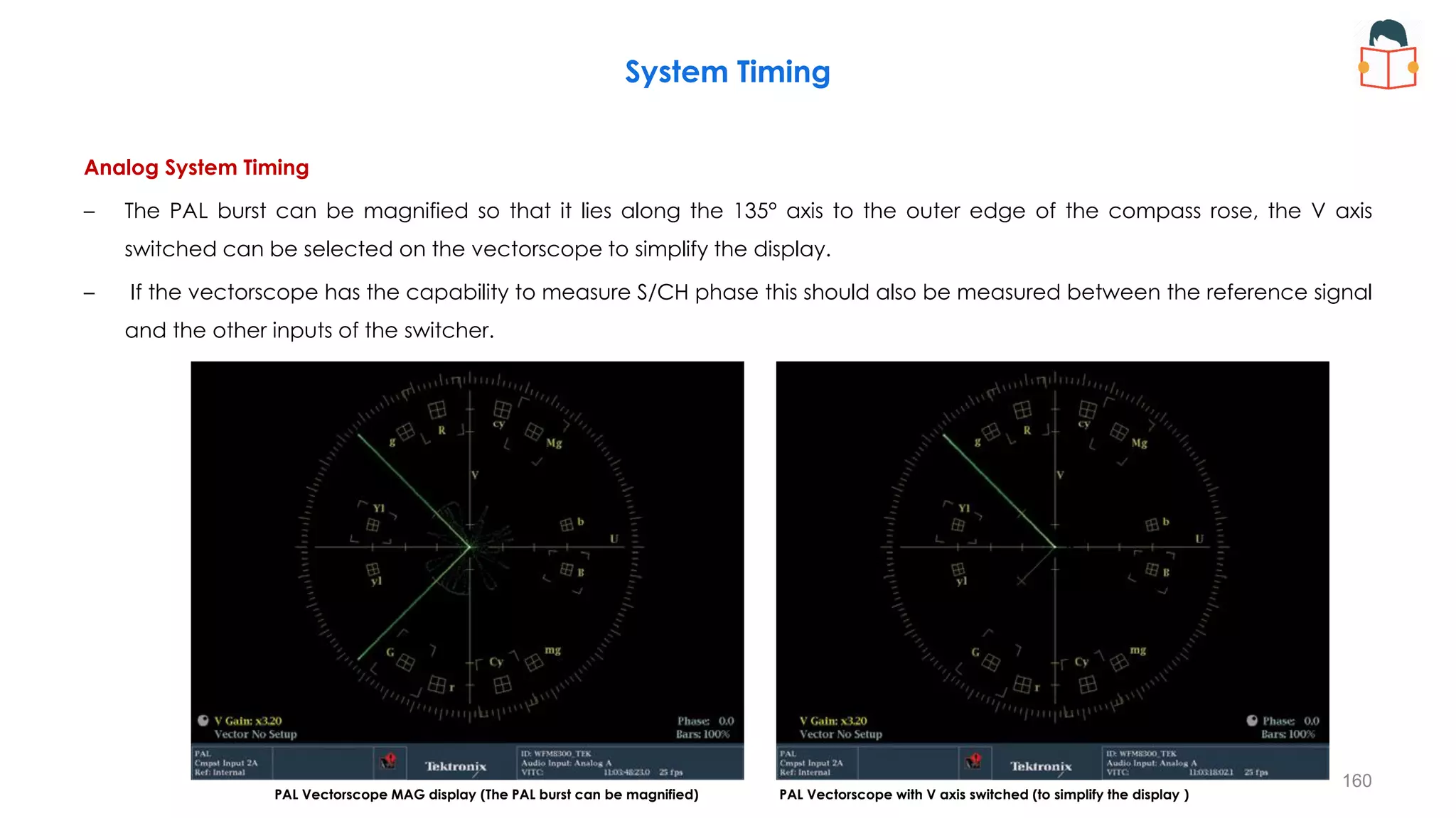 160
PAL Vectorscope MAG display (The PAL burst can be magnified) PAL Vectorscope with V axis switched (to simplify the display )
Analog System Timing
– The PAL burst can be magnified so that it lies along the 135° axis to the outer edge of the compass rose, the V axis
switched can be selected on the vectorscope to simplify the display.
– If the vectorscope has the capability to measure S/CH phase this should also be measured between the reference signal
and the other inputs of the switcher.
System Timing
 