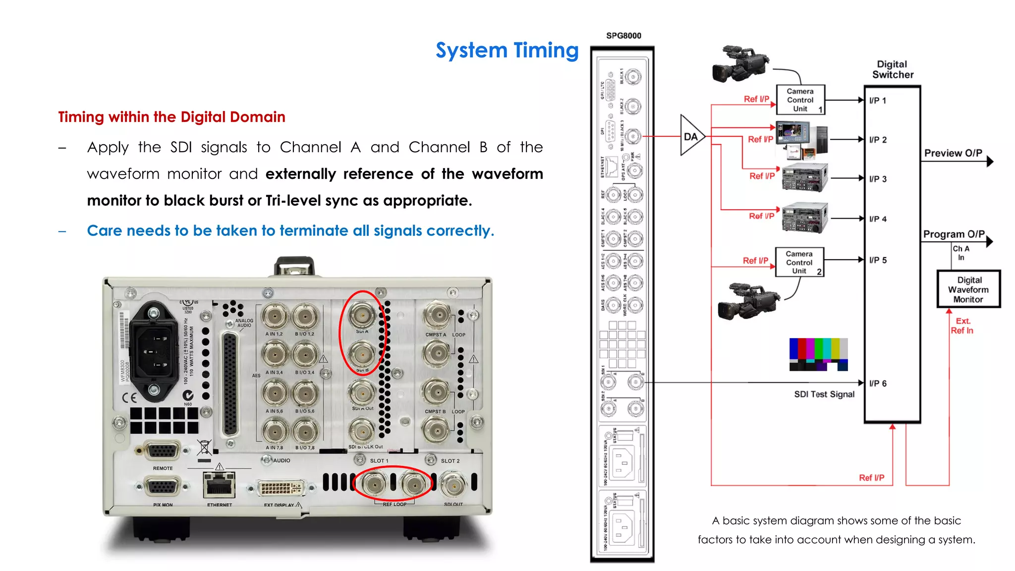 System Timing
162
A basic system diagram shows some of the basic
factors to take into account when designing a system.
Timing within the Digital Domain
– Apply the SDI signals to Channel A and Channel B of the
waveform monitor and externally reference of the waveform
monitor to black burst or Tri-level sync as appropriate.
– Care needs to be taken to terminate all signals correctly.
 