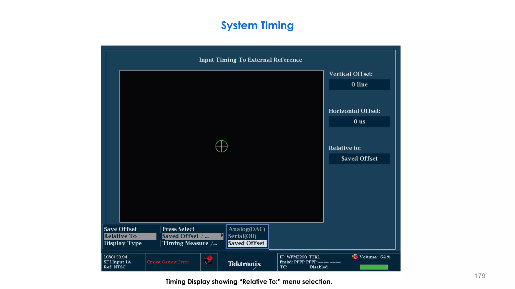 System Timing
179
Timing Display showing “Relative To:” menu selection.
 