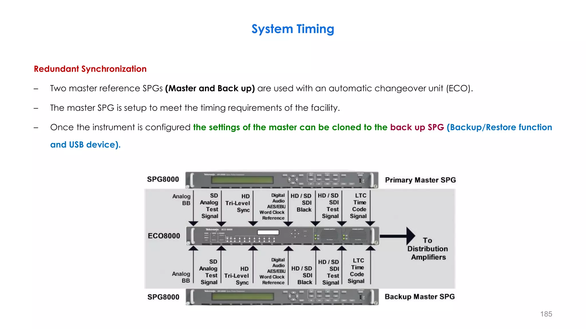 Redundant Synchronization
– Two master reference SPGs (Master and Back up) are used with an automatic changeover unit (ECO).
– The master SPG is setup to meet the timing requirements of the facility.
– Once the instrument is configured the settings of the master can be cloned to the back up SPG (Backup/Restore function
and USB device).
System Timing
185
 