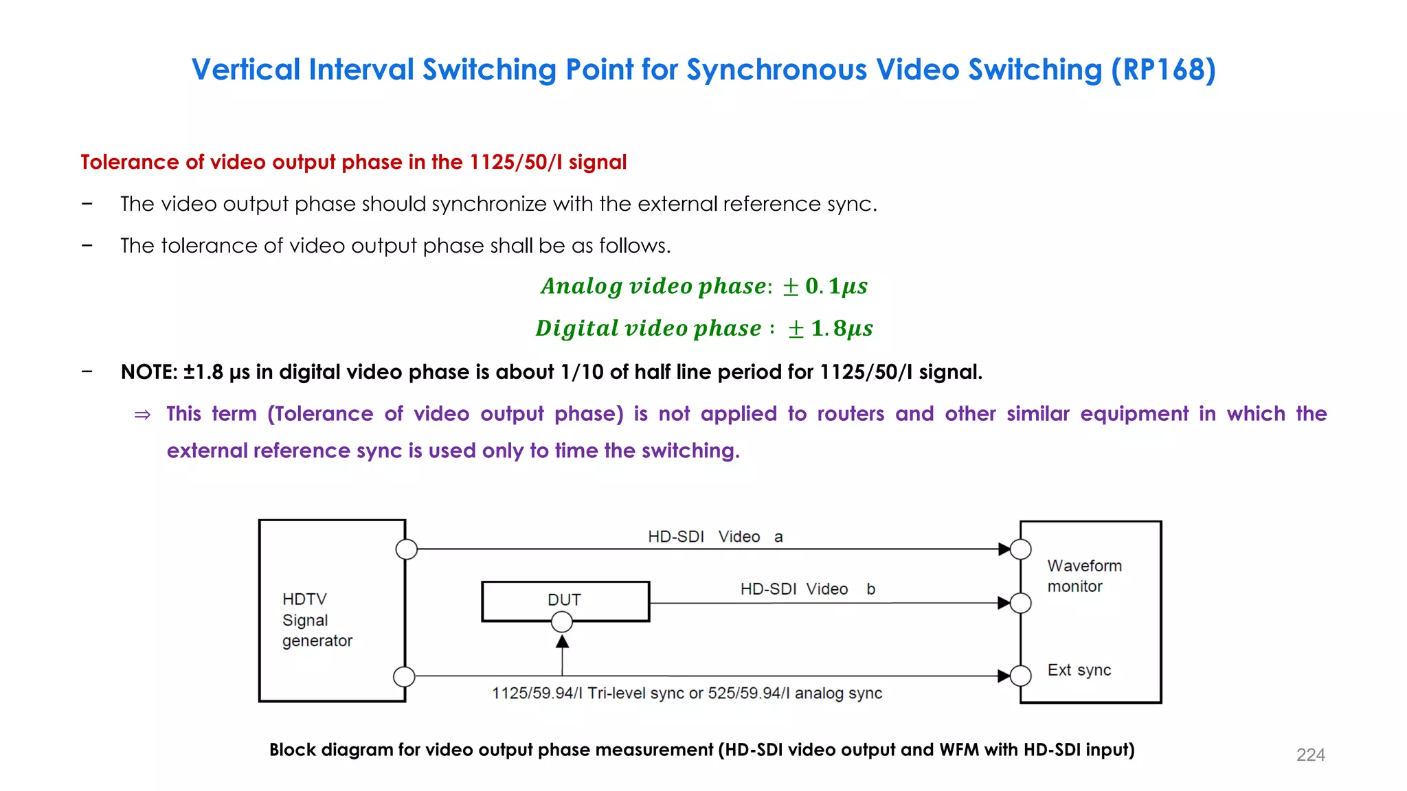Tolerance of video output phase in the 1125/50/I signal
− The video output phase should synchronize with the external reference sync.
− The tolerance of video output phase shall be as follows.
𝑨𝒏𝒂𝒍𝒐𝒈 𝒗𝒊𝒅𝒆𝒐 𝒑𝒉𝒂𝒔𝒆: ± 𝟎. 𝟏𝝁𝒔
𝑫𝒊𝒈𝒊𝒕𝒂𝒍 𝒗𝒊𝒅𝒆𝒐 𝒑𝒉𝒂𝒔𝒆 ∶ ± 𝟏. 𝟖𝝁𝒔
− NOTE: ±1.8 μs in digital video phase is about 1/10 of half line period for 1125/50/I signal.
⇒ This term (Tolerance of video output phase) is not applied to routers and other similar equipment in which the
external reference sync is used only to time the switching.
224
Vertical Interval Switching Point for Synchronous Video Switching (RP168)
Block diagram for video output phase measurement (HD-SDI video output and WFM with HD-SDI input)
 