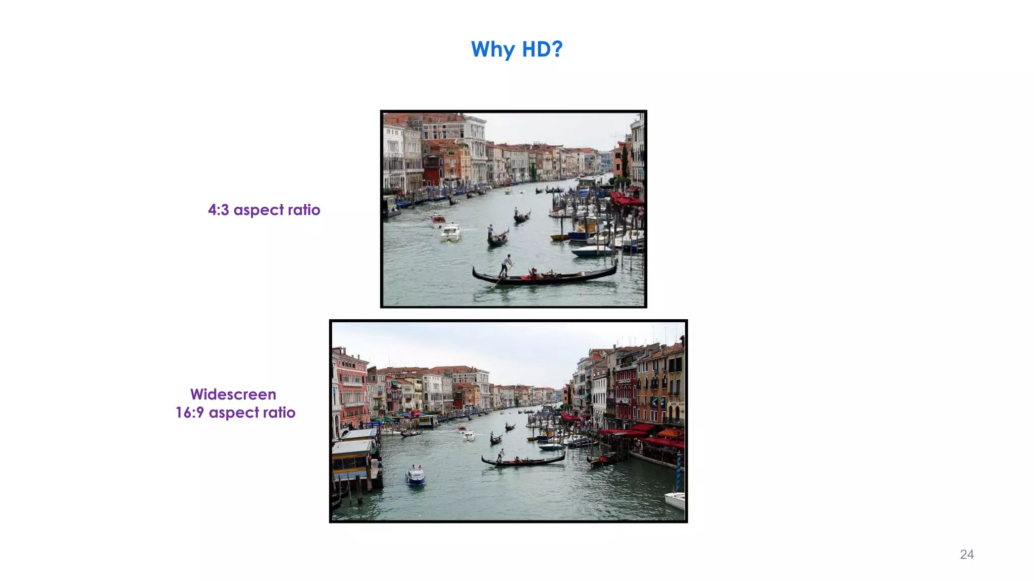 Widescreen
16:9 aspect ratio
4:3 aspect ratio
Why HD?
24
 