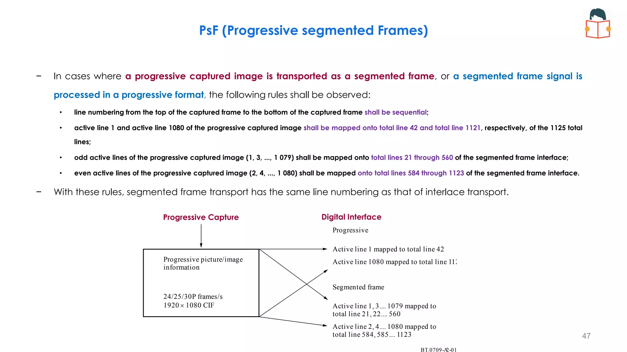 47
PsF (Progressive segmented Frames)
BT. 2-01
0709-A
Progressive capture Digital interface
Progressive
Active line 1 mapped to total line 42
Active line 1080 mapped to total line 1121
Segmented frame
Active line 1, 3.... 1079 mapped to
total line 21, 22.... 560
Active line 2, 4.... 1080 mapped to
total line 584, 585.... 1123
Progressive picture/image
information
24/25/30P frames/s
1920 1080 CIF

Progressive Capture Digital Interface
− In cases where a progressive captured image is transported as a segmented frame, or a segmented frame signal is
processed in a progressive format, the following rules shall be observed:
• line numbering from the top of the captured frame to the bottom of the captured frame shall be sequential;
• active line 1 and active line 1080 of the progressive captured image shall be mapped onto total line 42 and total line 1121, respectively, of the 1125 total
lines;
• odd active lines of the progressive captured image (1, 3, ..., 1 079) shall be mapped onto total lines 21 through 560 of the segmented frame interface;
• even active lines of the progressive captured image (2, 4, ..., 1 080) shall be mapped onto total lines 584 through 1123 of the segmented frame interface.
− With these rules, segmented frame transport has the same line numbering as that of interlace transport.
 