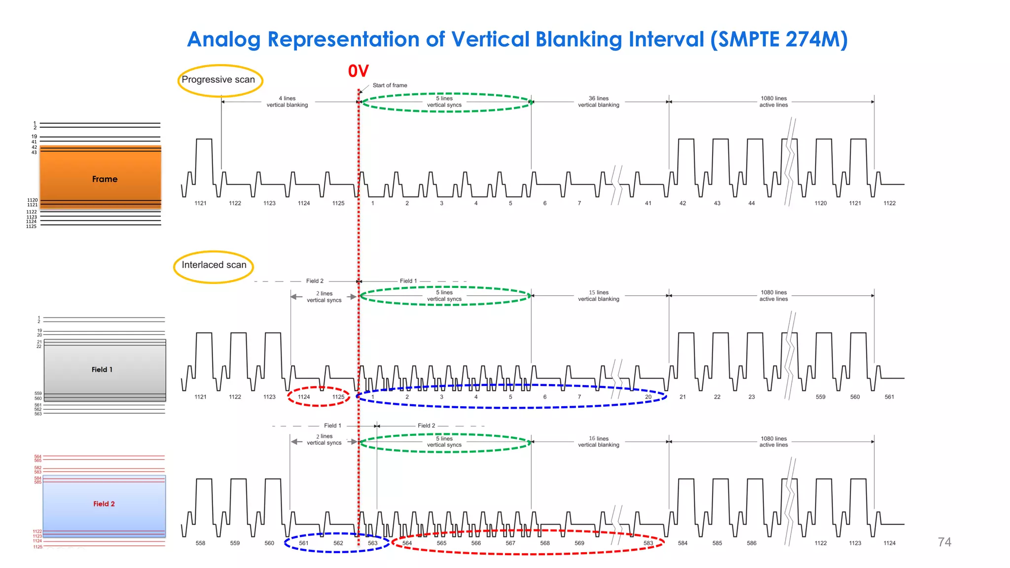 74
Analog Representation of Vertical Blanking Interval (SMPTE 274M)
15
16
0V
2
2
19
43
1
41
42
1121
1122
1124
2
1120
1123
Frame
1125
 