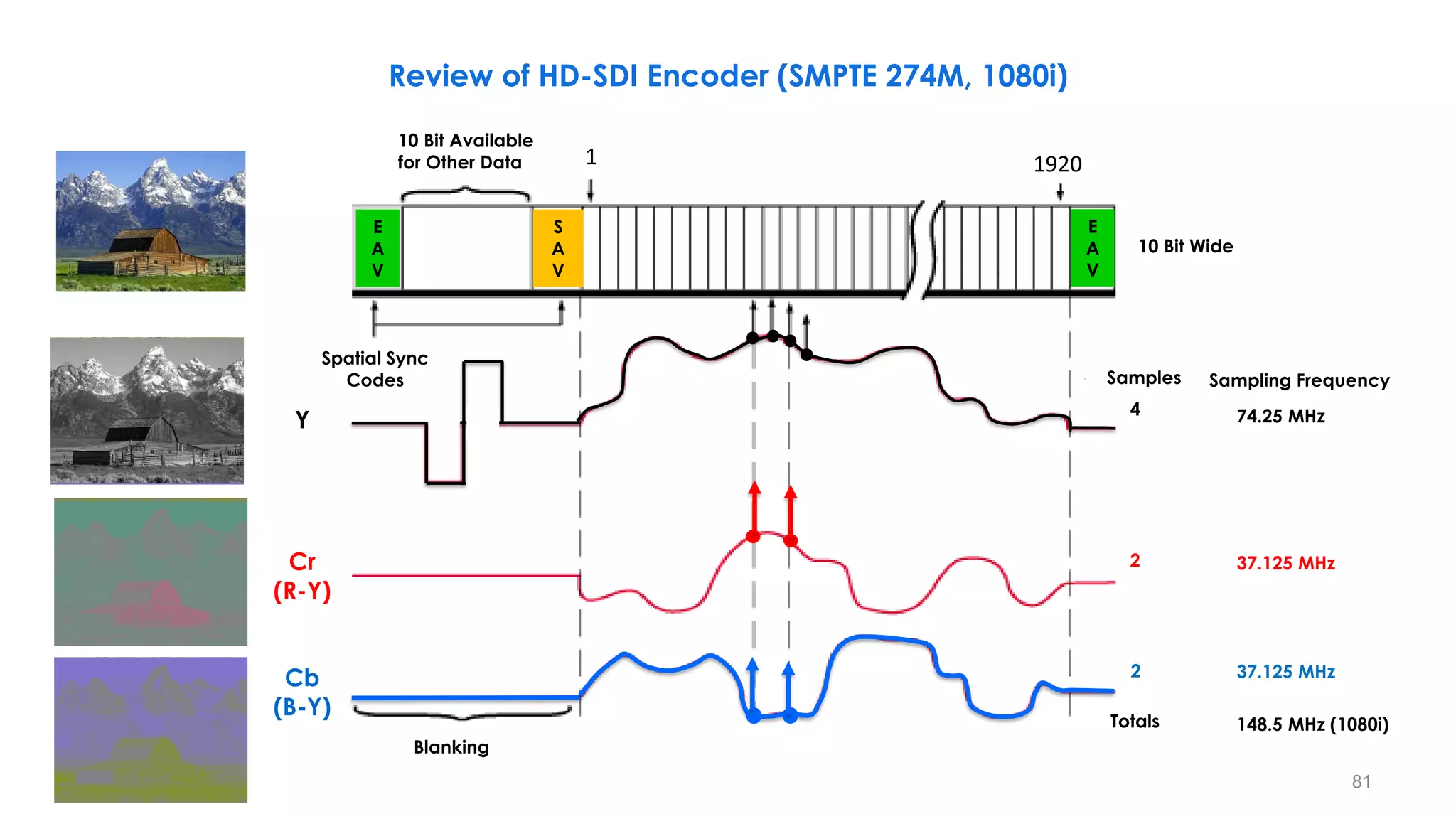 Sampling Frequency
74.25 MHz
37.125 MHz
37.125 MHz
148.5 MHz (1080i)
Samples
Totals
4
2
2
10 Bit Wide
10 Bit Available
for Other Data
Spatial Sync
Codes
Blanking
Y
Cr
(R-Y)
Cr
(R-Y)
Cb
(B-Y)
E
A
V
S
A
V
E
A
V
1 1920
81
Review of HD-SDI Encoder (SMPTE 274M, 1080i)
 