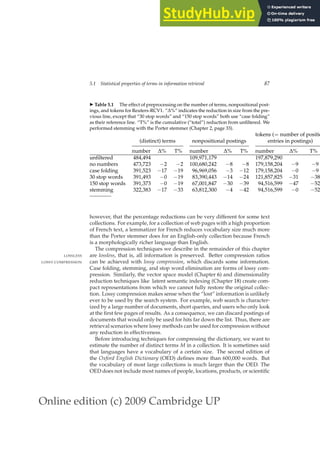 Online edition (c) 2009 Cambridge UP
5.1 Statistical properties of terms in information retrieval 87
◮ Table 5.1 The effect of preprocessing on the number of terms, nonpositional post-
ings, and tokens for Reuters-RCV1. “∆%” indicates the reduction in size from the pre-
vious line, except that “30 stop words” and “150 stop words” both use “case folding”
as their reference line. “T%” is the cumulative (“total”) reduction from unﬁltered. We
performed stemming with the Porter stemmer (Chapter 2, page 33).
tokens (= number of positio
(distinct) terms nonpositional postings entries in postings)
number ∆% T% number ∆% T% number ∆% T%
unﬁltered 484,494 109,971,179 197,879,290
no numbers 473,723 −2 −2 100,680,242 −8 −8 179,158,204 −9 −9
case folding 391,523 −17 −19 96,969,056 −3 −12 179,158,204 −0 −9
30 stop words 391,493 −0 −19 83,390,443 −14 −24 121,857,825 −31 −38
150 stop words 391,373 −0 −19 67,001,847 −30 −39 94,516,599 −47 −52
stemming 322,383 −17 −33 63,812,300 −4 −42 94,516,599 −0 −52
however, that the percentage reductions can be very different for some text
collections. For example, for a collection of web pages with a high proportion
of French text, a lemmatizer for French reduces vocabulary size much more
than the Porter stemmer does for an English-only collection because French
is a morphologically richer language than English.
The compression techniques we describe in the remainder of this chapter
are lossless, that is, all information is preserved. Better compression ratios
LOSSLESS
can be achieved with lossy compression, which discards some information.
LOSSY COMPRESSION
Case folding, stemming, and stop word elimination are forms of lossy com-
pression. Similarly, the vector space model (Chapter 6) and dimensionality
reduction techniques like latent semantic indexing (Chapter 18) create com-
pact representations from which we cannot fully restore the original collec-
tion. Lossy compression makes sense when the “lost” information is unlikely
ever to be used by the search system. For example, web search is character-
ized by a large number of documents, short queries, and users who only look
at the ﬁrst few pages of results. As a consequence, we can discard postings of
documents that would only be used for hits far down the list. Thus, there are
retrieval scenarios where lossy methods can be used for compression without
any reduction in effectiveness.
Before introducing techniques for compressing the dictionary, we want to
estimate the number of distinct terms M in a collection. It is sometimes said
that languages have a vocabulary of a certain size. The second edition of
the Oxford English Dictionary (OED) deﬁnes more than 600,000 words. But
the vocabulary of most large collections is much larger than the OED. The
OED does not include most names of people, locations, products, or scientiﬁc
 