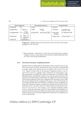 Online edition (c) 2009 Cambridge UP
128 6 Scoring, term weighting and the vector space model
Term frequency Document frequency Normalization
n (natural) tft,d n (no) 1 n (none) 1
l (logarithm) 1 + log(tft,d) t (idf) log N
dft
c (cosine) 1
√
w2
1+w2
2+...+w2
M
a (augmented) 0.5 +
0.5×tft,d
maxt(tft,d)
p (prob idf) max{0, log N−dft
dft
} u (pivoted
unique)
1/u (Section 6.4.4)
b (boolean)

1 if tft,d  0
0 otherwise
b (byte size) 1/CharLengthα
, α  1
L (log ave)
1+log(tft,d)
1+log(avet∈d(tft,d))
◮ Figure 6.15 SMART notation for tf-idf variants. Here CharLength is the number
of characters in the document.
3. More generally, a document in which the most frequent term appears
roughly as often as many other terms should be treated differently from
one with a more skewed distribution.
6.4.3 Document and query weighting schemes
Equation (6.12) is fundamental to information retrieval systems that use any
form of vector space scoring. Variations from one vector space scoring method
to another hinge on the speciﬁc choices of weights in the vectors ~
V(d) and
~
V(q). Figure 6.15 lists some of the principal weighting schemes in use for
each of ~
V(d) and ~
V(q), together with a mnemonic for representing a spe-
ciﬁc combination of weights; this system of mnemonics is sometimes called
SMART notation, following the authors of an early text retrieval system. The
mnemonic for representing a combination of weights takes the form ddd.qqq
where the ﬁrst triplet gives the term weighting of the document vector, while
the second triplet gives the weighting in the query vector. The ﬁrst letter in
each triplet speciﬁes the term frequency component of the weighting, the
second the document frequency component, and the third the form of nor-
malization used. It is quite common to apply different normalization func-
tions to ~
V(d) and ~
V(q). For example, a very standard weighting scheme
is lnc.ltc, where the document vector has log-weighted term frequency, no
idf (for both effectiveness and efﬁciency reasons), and cosine normalization,
while the query vector uses log-weighted term frequency, idf weighting, and
cosine normalization.
 