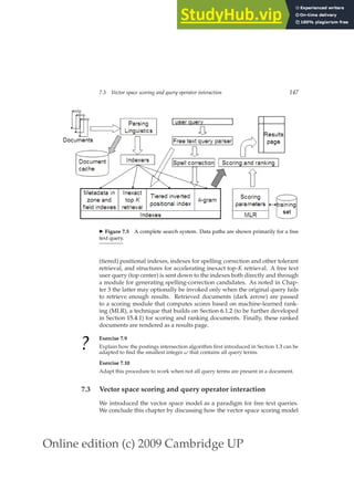 Online edition (c) 2009 Cambridge UP
7.3 Vector space scoring and query operator interaction 147
◮ Figure 7.5 A complete search system. Data paths are shown primarily for a free
text query.
(tiered) positional indexes, indexes for spelling correction and other tolerant
retrieval, and structures for accelerating inexact top-K retrieval. A free text
user query (top center) is sent down to the indexes both directly and through
a module for generating spelling-correction candidates. As noted in Chap-
ter 3 the latter may optionally be invoked only when the original query fails
to retrieve enough results. Retrieved documents (dark arrow) are passed
to a scoring module that computes scores based on machine-learned rank-
ing (MLR), a technique that builds on Section 6.1.2 (to be further developed
in Section 15.4.1) for scoring and ranking documents. Finally, these ranked
documents are rendered as a results page.
?
Exercise 7.9
Explain how the postings intersection algorithm ﬁrst introduced in Section 1.3 can be
adapted to ﬁnd the smallest integer ω that contains all query terms.
Exercise 7.10
Adapt this procedure to work when not all query terms are present in a document.
7.3 Vector space scoring and query operator interaction
We introduced the vector space model as a paradigm for free text queries.
We conclude this chapter by discussing how the vector space scoring model
 
