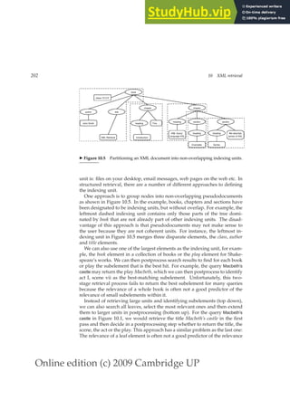 Online edition (c) 2009 Cambridge UP
202 10 XML retrieval
◮ Figure 10.5 Partitioning an XML document into non-overlapping indexing units.
unit is: ﬁles on your desktop, email messages, web pages on the web etc. In
structured retrieval, there are a number of different approaches to deﬁning
the indexing unit.
One approach is to group nodes into non-overlapping pseudodocuments
as shown in Figure 10.5. In the example, books, chapters and sections have
been designated to be indexing units, but without overlap. For example, the
leftmost dashed indexing unit contains only those parts of the tree domi-
nated by book that are not already part of other indexing units. The disad-
vantage of this approach is that pseudodocuments may not make sense to
the user because they are not coherent units. For instance, the leftmost in-
dexing unit in Figure 10.5 merges three disparate elements, the class, author
and title elements.
We can also use one of the largest elements as the indexing unit, for exam-
ple, the book element in a collection of books or the play element for Shake-
speare’s works. We can then postprocess search results to ﬁnd for each book
or play the subelement that is the best hit. For example, the query Macbeth’s
castle may return the play Macbeth, which we can then postprocess to identify
act I, scene vii as the best-matching subelement. Unfortunately, this two-
stage retrieval process fails to return the best subelement for many queries
because the relevance of a whole book is often not a good predictor of the
relevance of small subelements within it.
Instead of retrieving large units and identifying subelements (top down),
we can also search all leaves, select the most relevant ones and then extend
them to larger units in postprocessing (bottom up). For the query Macbeth’s
castle in Figure 10.1, we would retrieve the title Macbeth’s castle in the ﬁrst
pass and then decide in a postprocessing step whether to return the title, the
scene, the act or the play. This approach has a similar problem as the last one:
The relevance of a leaf element is often not a good predictor of the relevance
 