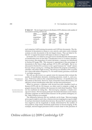 Online edition (c) 2009 Cambridge UP
280 13 Text classification and Naive Bayes
◮ Table 13.7 The ten largest classes in the Reuters-21578 collection with number of
documents in training and test sets.
class # train # testclass # train # test
earn 2877 1087 trade 369 119
acquisitions 1650 179 interest 347 131
money-fx 538 179 ship 197 89
grain 433 149 wheat 212 71
crude 389 189 corn 182 56
and comprises 9,603 training documents and 3,299 test documents. The dis-
tribution of documents in classes is very uneven, and some work evaluates
systems on only documents in the ten largest classes. They are listed in Ta-
ble 13.7. A typical document with topics is shown in Figure 13.9.
In Section 13.1, we stated as our goal in text classiﬁcation the minimization
of classiﬁcation error on test data. Classiﬁcation error is 1.0 minus classiﬁca-
tion accuracy, the proportion of correct decisions, a measure we introduced
in Section 8.3 (page 155). This measure is appropriate if the percentage of
documents in the class is high, perhaps 10% to 20% and higher. But as we
discussed in Section 8.3, accuracy is not a good measure for “small” classes
because always saying no, a strategy that defeats the purpose of building a
classiﬁer, will achieve high accuracy. The always-no classiﬁer is 99% accurate
for a class with relative frequency 1%. For small classes, precision, recall and
F1 are better measures.
We will use effectiveness as a generic term for measures that evaluate the
EFFECTIVENESS
quality of classiﬁcation decisions, including precision, recall, F1, and accu-
racy. Performance refers to the computational efﬁciency of classiﬁcation and
PERFORMANCE
EFFICIENCY IR systems in this book. However, many researchers mean effectiveness, not
efﬁciency of text classiﬁcation when they use the term performance.
When we process a collection with several two-class classiﬁers (such as
Reuters-21578 with its 118 classes), we often want to compute a single ag-
gregate measure that combines the measures for individual classiﬁers. There
are two methods for doing this. Macroaveraging computes a simple aver-
MACROAVERAGING
age over classes. Microaveraging pools per-document decisions across classes,
MICROAVERAGING
and then computes an effectiveness measure on the pooled contingency ta-
ble. Table 13.8 gives an example.
The differences between the two methods can be large. Macroaveraging
gives equal weight to each class, whereas microaveraging gives equal weight
to each per-document classiﬁcation decision. Because the F1 measure ignores
true negatives and its magnitude is mostly determined by the number of
true positives, large classes dominate small classes in microaveraging. In the
example, microaveraged precision (0.83) is much closer to the precision of
 