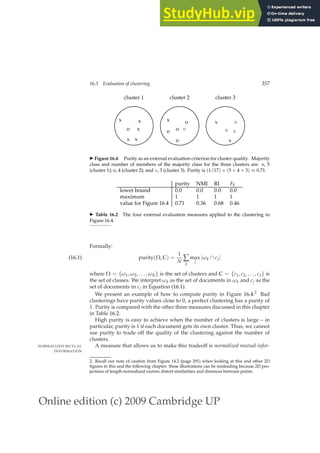 Online edition (c) 2009 Cambridge UP
16.3 Evaluation of clustering 357
x
o
x x
x
x
o
x
o
o ⋄
o x
⋄ ⋄
⋄
x
cluster 1 cluster 2 cluster 3
◮ Figure 16.4 Purity as an external evaluation criterion for cluster quality. Majority
class and number of members of the majority class for the three clusters are: x, 5
(cluster 1); o, 4 (cluster 2); and ⋄, 3 (cluster 3). Purity is (1/17) × (5 + 4 + 3) ≈ 0.71.
purity NMI RI F5
lower bound 0.0 0.0 0.0 0.0
maximum 1 1 1 1
value for Figure 16.4 0.71 0.36 0.68 0.46
◮ Table 16.2 The four external evaluation measures applied to the clustering in
Figure 16.4.
Formally:
purity(Ω, C) =
1
N ∑
k
max
j
|ωk ∩ cj|
(16.1)
where Ω = {ω1, ω2, . . . , ωK} is the set of clusters and C = {c1, c2, . . . , cJ} is
the set of classes. We interpret ωk as the set of documents in ωk and cj as the
set of documents in cj in Equation (16.1).
We present an example of how to compute purity in Figure 16.4.2 Bad
clusterings have purity values close to 0, a perfect clustering has a purity of
1. Purity is compared with the other three measures discussed in this chapter
in Table 16.2.
High purity is easy to achieve when the number of clusters is large – in
particular, purity is 1 if each document gets its own cluster. Thus, we cannot
use purity to trade off the quality of the clustering against the number of
clusters.
A measure that allows us to make this tradeoff is normalized mutual infor-
NORMALIZED MUTUAL
INFORMATION
2. Recall our note of caution from Figure 14.2 (page 291) when looking at this and other 2D
ﬁgures in this and the following chapter: these illustrations can be misleading because 2D pro-
jections of length-normalized vectors distort similarities and distances between points.
 