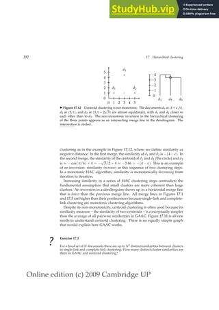 Online edition (c) 2009 Cambridge UP
392 17 Hierarchical clustering
0 1 2 3 4 5
0
1
2
3
4
5
× ×
×
b
c
d1 d2
d3
−4
−3
−2
−1
0
d1 d2 d3
◮ Figure 17.12 Centroid clustering is not monotonic. The documents d1 at (1 + ǫ, 1),
d2 at (5, 1), and d3 at (3, 1 + 2
√
3) are almost equidistant, with d1 and d2 closer to
each other than to d3. The non-monotonic inversion in the hierarchical clustering
of the three points appears as an intersecting merge line in the dendrogram. The
intersection is circled.
clustering as in the example in Figure 17.12, where we deﬁne similarity as
negative distance. In the ﬁrst merge, the similarity of d1 and d2 is −(4 − ǫ). In
the second merge, the similarity of the centroid of d1 and d2 (the circle) and d3
is ≈ − cos(π/6) × 4 = −
√
3/2 × 4 ≈ −3.46  −(4 − ǫ). This is an example
of an inversion: similarity increases in this sequence of two clustering steps.
In a monotonic HAC algorithm, similarity is monotonically decreasing from
iteration to iteration.
Increasing similarity in a series of HAC clustering steps contradicts the
fundamental assumption that small clusters are more coherent than large
clusters. An inversion in a dendrogram shows up as a horizontal merge line
that is lower than the previous merge line. All merge lines in Figures 17.1
and 17.5 are higher than their predecessors because single-link and complete-
link clustering are monotonic clustering algorithms.
Despite its non-monotonicity, centroid clustering is often used because its
similarity measure – the similarity of two centroids – is conceptually simpler
than the average of all pairwise similarities in GAAC. Figure 17.11 is all one
needs to understand centroid clustering. There is no equally simple graph
that would explain how GAAC works.
?
Exercise 17.3
For a ﬁxed set of N documents there are up to N2 distinct similarities between clusters
in single-link and complete-link clustering. How many distinct cluster similarities are
there in GAAC and centroid clustering?
 