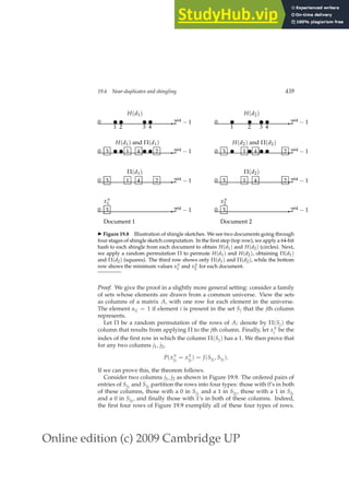 Online edition (c) 2009 Cambridge UP
19.6 Near-duplicates and shingling 439
✲
✲
✲
✲
✲
✲
✲
✲
0
0
0
0
0
0
0
0
264 − 1
264 − 1
264 − 1
264 − 1
264 − 1
264 − 1
264 − 1
264 − 1
Document 1 Document 2
H(d1) H(d2)
✉
1
✉
1
✉
2
✉
2
✉
3
✉
3
✉
4
✉
4
H(d1) and Π(d1) H(d2) and Π(d2)
✉ ✉
✉ ✉
✉ ✉
✉ ✉
3 3
1 1
4 4
2 2
3 3
1 1
4 4
2 2
3 3
Π(d1) Π(d2)
xπ
1 xπ
2
◮ Figure 19.8 Illustration of shingle sketches. We see two documents going through
four stages of shingle sketch computation. In the ﬁrst step (top row), we apply a 64-bit
hash to each shingle from each document to obtain H(d1) and H(d2) (circles). Next,
we apply a random permutation Π to permute H(d1) and H(d2), obtaining Π(d1)
and Π(d2) (squares). The third row shows only Π(d1) and Π(d2), while the bottom
row shows the minimum values xπ
1 and xπ
2 for each document.
Proof. We give the proof in a slightly more general setting: consider a family
of sets whose elements are drawn from a common universe. View the sets
as columns of a matrix A, with one row for each element in the universe.
The element aij = 1 if element i is present in the set Sj that the jth column
represents.
Let Π be a random permutation of the rows of A; denote by Π(Sj) the
column that results from applying Π to the jth column. Finally, let xπ
j be the
index of the ﬁrst row in which the column Π(Sj) has a 1. We then prove that
for any two columns j1, j2,
P(xπ
j1
= xπ
j2
) = J(Sj1
, Sj2
).
If we can prove this, the theorem follows.
Consider two columns j1, j2 as shown in Figure 19.9. The ordered pairs of
entries of Sj1
and Sj2
partition the rows into four types: those with 0’s in both
of these columns, those with a 0 in Sj1
and a 1 in Sj2
, those with a 1 in Sj1
and a 0 in Sj2
, and ﬁnally those with 1’s in both of these columns. Indeed,
the ﬁrst four rows of Figure 19.9 exemplify all of these four types of rows.
 