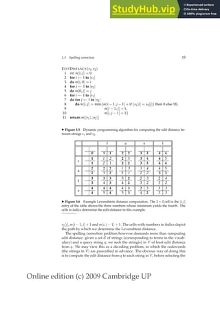 Online edition (c) 2009 Cambridge UP
3.3 Spelling correction 59
EDITDISTANCE(s1, s2)
1 int m[i, j] = 0
2 for i ← 1 to |s1|
3 do m[i, 0] = i
4 for j ← 1 to |s2|
5 do m[0, j] = j
6 for i ← 1 to |s1|
7 do for j ← 1 to |s2|
8 do m[i, j] = min{m[i − 1, j − 1] + if (s1[i] = s2[j]) then 0 else 1ﬁ,
9 m[i − 1, j] + 1,
10 m[i, j − 1] + 1}
11 return m[|s1|, |s2|]
◮ Figure 3.5 Dynamic programming algorithm for computing the edit distance be-
tween strings s1 and s2.
f a s t
0 1 1 2 2 3 3 4 4
c
1
1
1 2
2 1
2 3
2 2
3 4
3 3
4 5
4 4
a
2
2
2 2
3 2
1 3
3 1
3 4
2 2
4 5
3 3
t
3
3
3 3
4 3
3 2
4 2
2 3
3 2
2 4
3 2
s
4
4
4 4
5 4
4 3
5 3
2 3
4 2
3 3
3 3
◮ Figure 3.6 Example Levenshtein distance computation. The 2 × 2 cell in the [i, j]
entry of the table shows the three numbers whose minimum yields the fourth. The
cells in italics determine the edit distance in this example.
s2[j], m[i − 1, j] + 1 and m[i, j − 1] + 1. The cells with numbers in italics depict
the path by which we determine the Levenshtein distance.
The spelling correction problem however demands more than computing
edit distance: given a set S of strings (corresponding to terms in the vocab-
ulary) and a query string q, we seek the string(s) in V of least edit distance
from q. We may view this as a decoding problem, in which the codewords
(the strings in V) are prescribed in advance. The obvious way of doing this
is to compute the edit distance from q to each string in V, before selecting the
 
