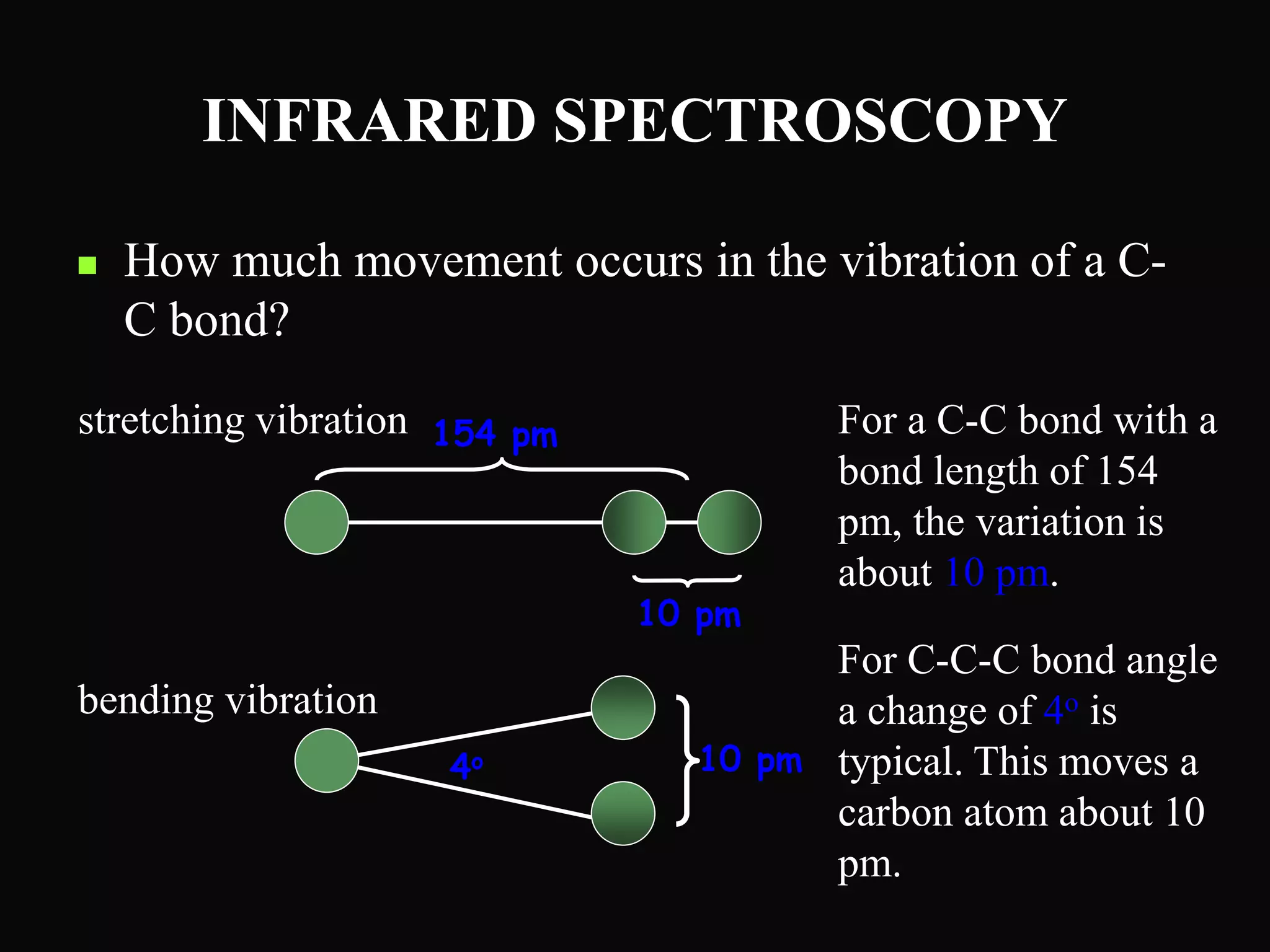 INFRARED SPECTROSCOPY
 How much movement occurs in the vibration of a C-
C bond?
10 pm
154 pmstretching vibration For a C-C bond with a
bond length of 154
pm, the variation is
about 10 pm.
bending vibration
4o 10 pm
For C-C-C bond angle
a change of 4o is
typical. This moves a
carbon atom about 10
pm.
 