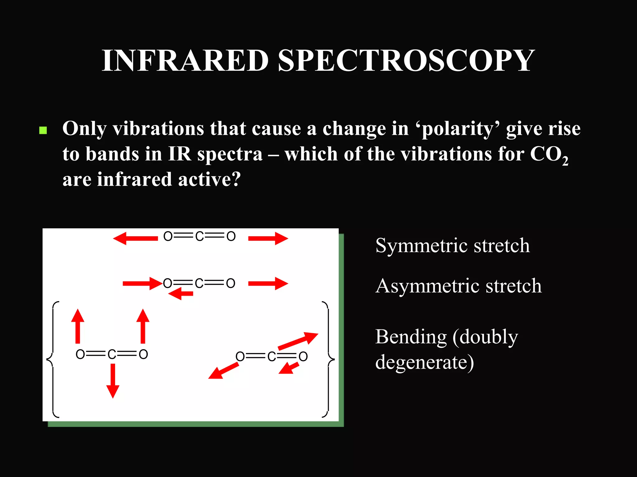 INFRARED SPECTROSCOPY
 Only vibrations that cause a change in ‘polarity’ give rise
to bands in IR spectra – which of the vibrations for CO2
are infrared active?
O C O
O C O
O C O O C O
Symmetric stretch
Asymmetric stretch
Bending (doubly
degenerate)
 