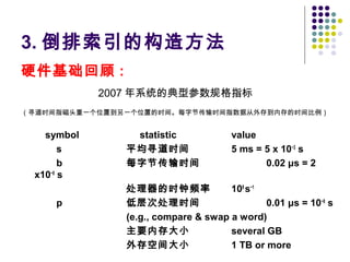 3. 倒排索引的构造方法
硬件基础回顾 :
2007 年系统的典型参数规格指标
（寻道时间指磁头重一个位置到另一个位置的时间。每字节传输时间指数据从外存到内存的时间比例）
symbol statistic value
s 平均寻道时间 5 ms = 5 x 10−3
s
b 每字节传输时间 0.02 μs = 2
x10−8
s
处理器的时钟频率 109
s−1
p 低层次处理时间 0.01 μs = 10−8
s
(e.g., compare & swap a word)
主要内存大小 several GB
外存空间大小 1 TB or more
 