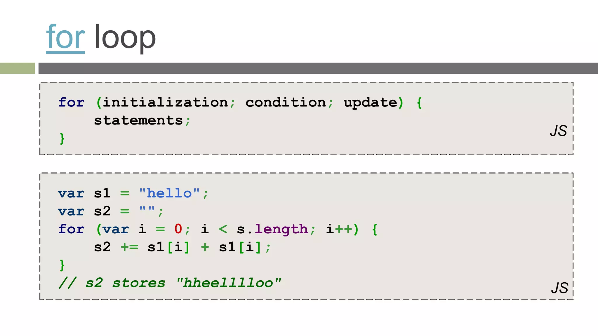 for loop
for (initialization; condition; update) {
    statements;
}                                           JS



var s1 = "hello";
var s2 = "";
for (var i = 0; i < s.length; i++) {
    s2 += s1[i] + s1[i];
}
// s2 stores "hheelllloo"                   JS
 