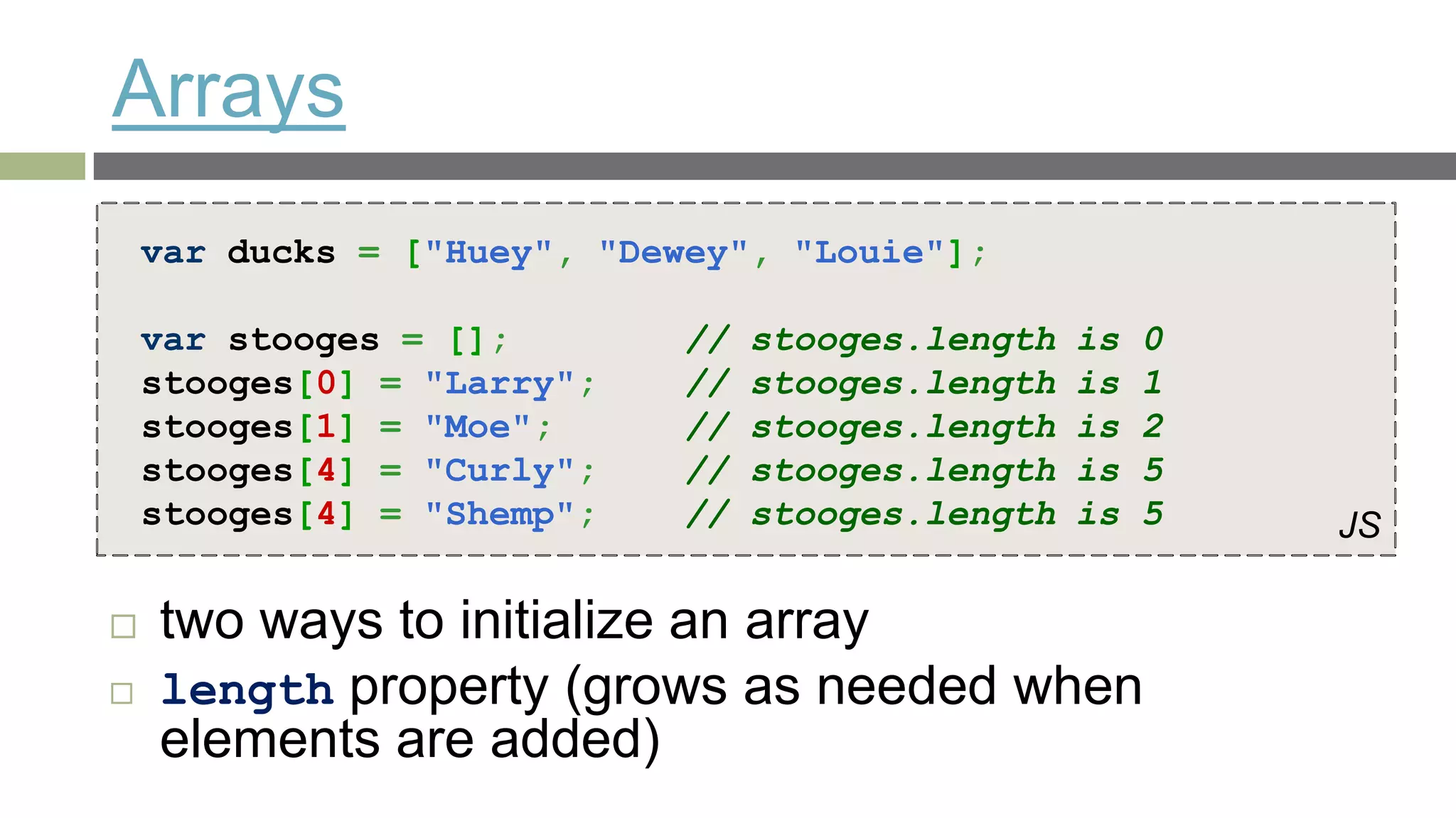 Arrays
    var ducks = ["Huey", "Dewey", "Louie"];

    var stooges = [];       //   stooges.length   is   0
    stooges[0] = "Larry";   //   stooges.length   is   1
    stooges[1] = "Moe";     //   stooges.length   is   2
    stooges[4] = "Curly";   //   stooges.length   is   5
    stooges[4] = "Shemp";   //   stooges.length   is   5   JS

   two ways to initialize an array
   length property (grows as needed when
    elements are added)
 