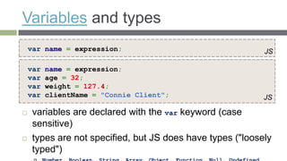 Variables and types
    var name = expression;                                  JS

    var   name = expression;
    var   age = 32;
    var   weight = 127.4;
    var   clientName = "Connie Client";                     JS

    variables are declared with the var keyword (case
     sensitive)
    types are not specified, but JS does have types ("loosely
     typed")
 