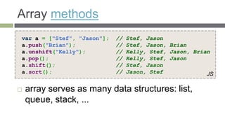 Array methods
var a = ["Stef", "Jason"];   //   Stef, Jason
a.push("Brian");             //   Stef, Jason, Brian
a.unshift("Kelly");          //   Kelly, Stef, Jason, Brian
a.pop();                     //   Kelly, Stef, Jason
a.shift();                   //   Stef, Jason
a.sort();                    //   Jason, Stef             JS

   array serves as many data structures: list,
    queue, stack, ...
 
