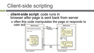 Client-side scripting
   client-side script: code runs in
    browser after page is sent back from server
       often this code manipulates the page or responds to
        user actions
 