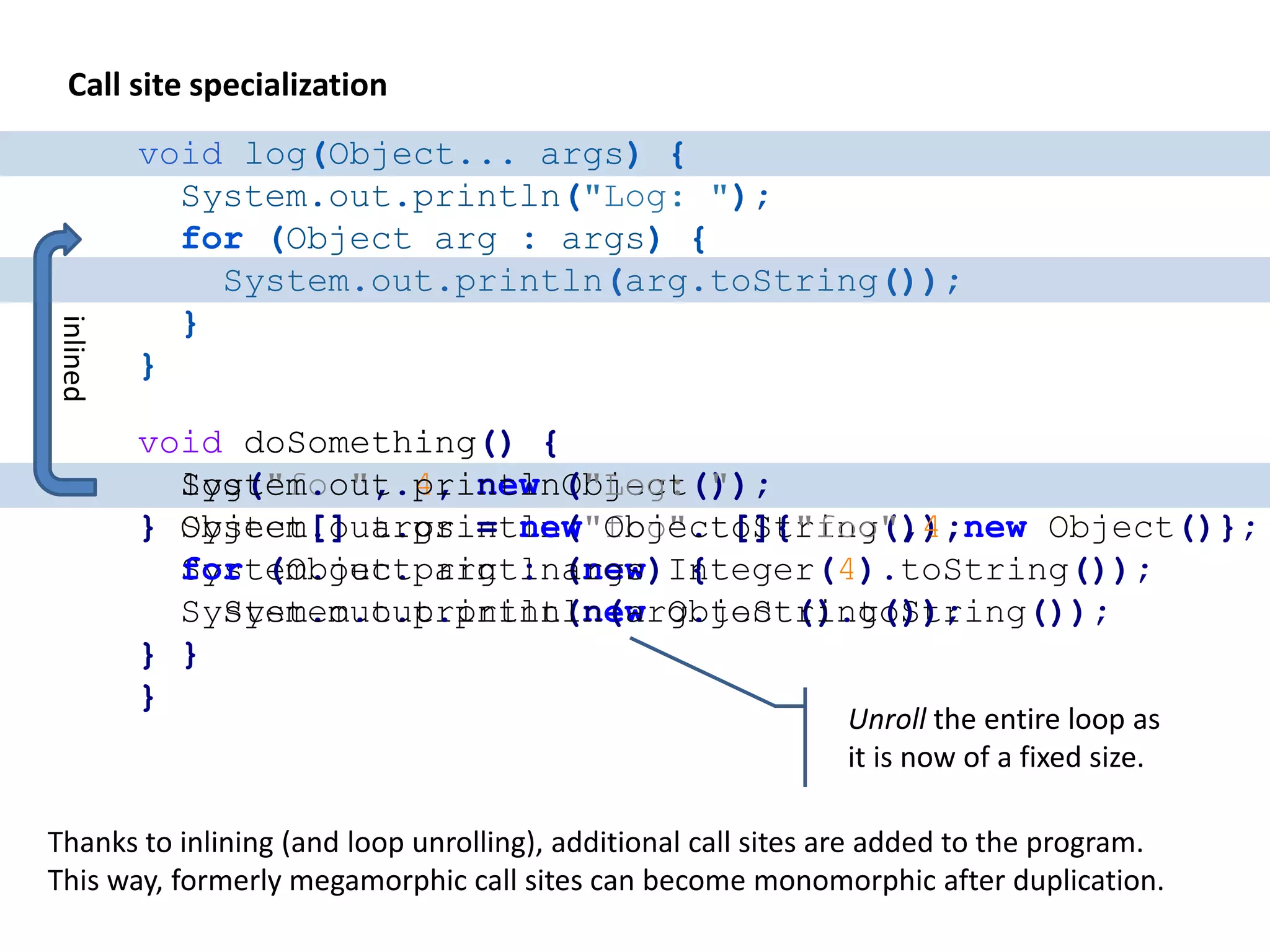 Microoptimizing method dispatch interface Foo { void m(); } class Sub1 implements Foo { @Override void m() { ... } } class Sub2 implements Foo { @Override void m() { ... } } class Sub3 implements Foo { @Override void m() { ... } } void doSomething(Foo foo) { foo.m(); } If all three types are observed, this call site is megamorphic. A target is only inlined if it is dominant (>90%). Do not microoptimize, unless you must! The improvement is minimal. In general: static/private > class virtual (null check) > interface virtual (null + type check). This is true for all dispatchers (C2, C1, interpreter) Source: http://shipilev.net/blog/2015/black-magic-method-dispatch/ class Foo { int id // 1, 2, 3 static void sub1() { ... } static void sub2() { ... } static void sub3() { ... } } Fields are never resolved dynamically. Static call sites always have an explicit target. Idea: avoid dynamic dispatch but emulate it at the call site. (“call by id”) void doSomething(Foo foo) { switch (foo.id) { case 1: Foo.sub1(); break; case 2: Foo.sub2(); break; case 3: Foo.sub3(); break; default: throw new IllegalStateException(); } } 