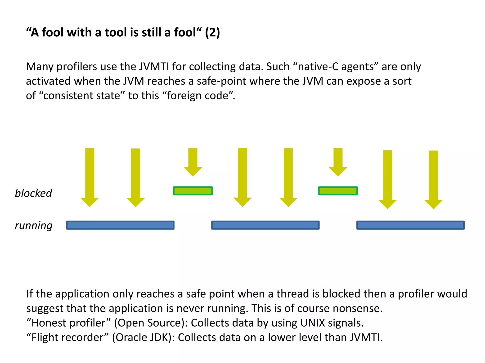 javac optimizations: constant folding of compile-time constants class Foo { final boolean foo = true; } class Bar { void bar(Foo foo) { boolean bar = foo.foo; } } javac inlines all compile-time constants (JLS §15.28): compile-time constants are primitives and strings with values that can be fully resolved at javac-compilation time. "foo" // compile-time constant "bar".toString() // no compile-time constant Most common use case: defining static final fields that are shared with other classes. This does not require linking or even loading of the class that contains such constants. This also means that the referring classes need to be recompiled if constants change! class Foo { final boolean foo = true; } class Bar { void bar(Foo foo) { foo.getClass(); // null check boolean bar = true; } } Be aware of compile-time constants when using reflection! Also, be aware of stackless NullPointerExceptions which are thrown by C2-compiled Object::getClass invocations. constant-folding withnullcheck indisguise(JLS!) 