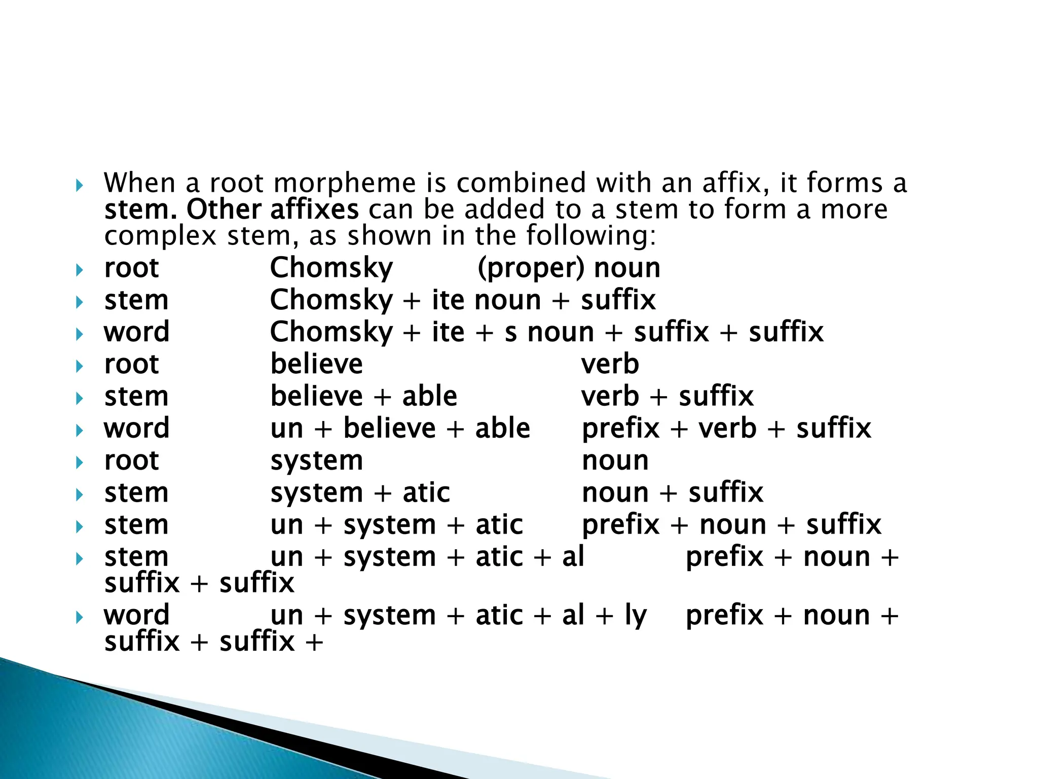 When a root morpheme is combined with an affix, it forms a
stem. Other affixes can be added to a stem to form a more
complex stem, as shown in the following:
 root Chomsky (proper) noun
 stem Chomsky + ite noun + suffix
 word Chomsky + ite + s noun + suffix + suffix
 root believe verb
 stem believe + able verb + suffix
 word un + believe + able prefix + verb + suffix
 root system noun
 stem system + atic noun + suffix
 stem un + system + atic prefix + noun + suffix
 stem un + system + atic + al prefix + noun +
suffix + suffix
 word un + system + atic + al + ly prefix + noun +
suffix + suffix +
 