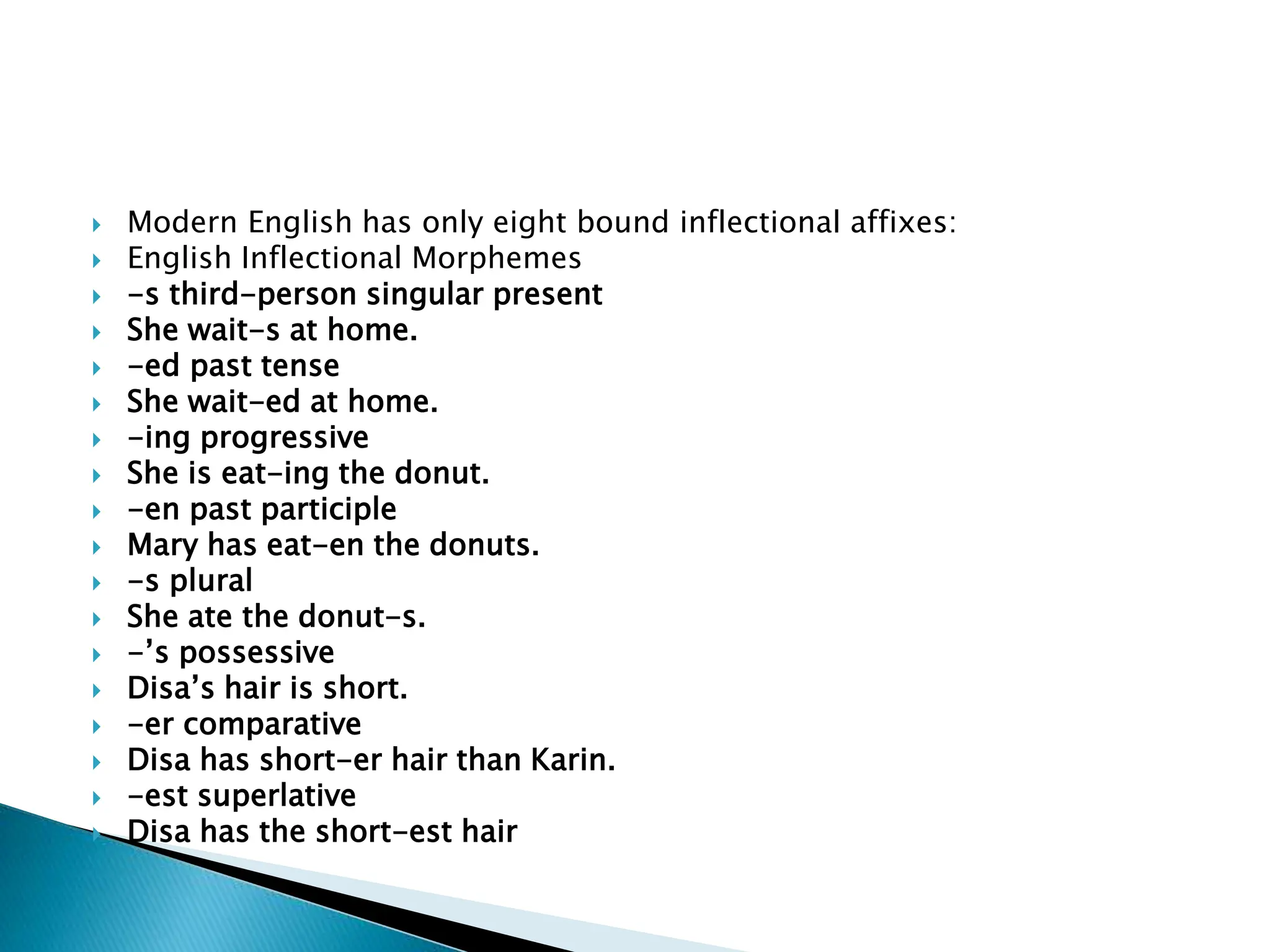  Modern English has only eight bound inflectional affixes:
 English Inflectional Morphemes
 -s third-person singular present
 She wait-s at home.
 -ed past tense
 She wait-ed at home.
 -ing progressive
 She is eat-ing the donut.
 -en past participle
 Mary has eat-en the donuts.
 -s plural
 She ate the donut-s.
 -’s possessive
 Disa’s hair is short.
 -er comparative
 Disa has short-er hair than Karin.
 -est superlative
 Disa has the short-est hair
 