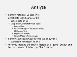 Analyze
• Identify Potential Causes (X’s)
• Investigate Significance of X’s
– Collect data on x’s
– Graphical/Quantitative...