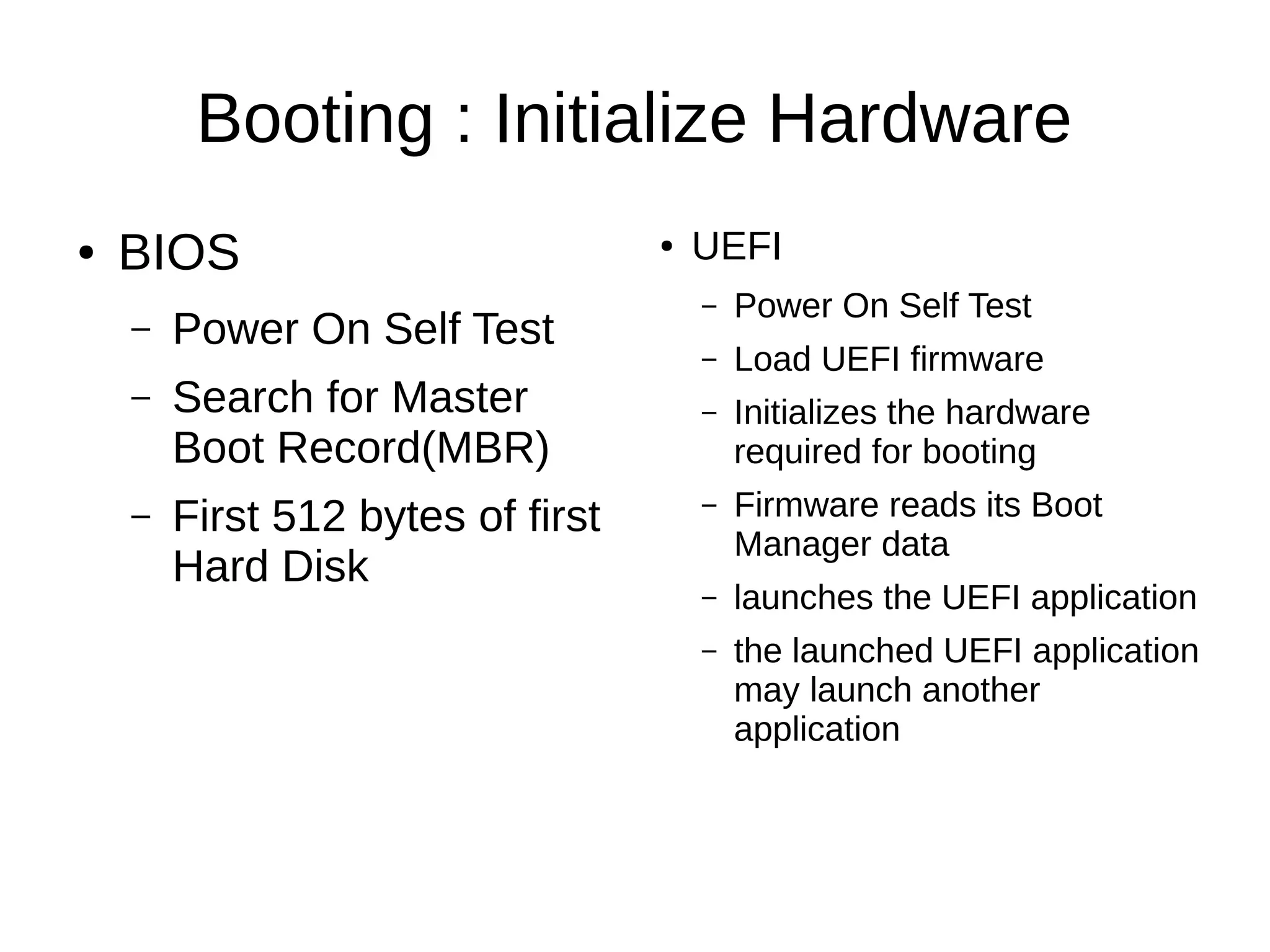 Booting : Initialize Hardware 
● BIOS 
– Power On Self Test 
– Search for Master 
Boot Record(MBR) 
– First 512 bytes of first 
Hard Disk 
● UEFI 
– Power On Self Test 
– Load UEFI firmware 
– Initializes the hardware 
required for booting 
– Firmware reads its Boot 
Manager data 
– launches the UEFI application 
– the launched UEFI application 
may launch another 
application 
 
