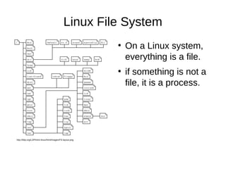Linux File System 
● On a Linux system, 
everything is a file. 
● if something is not a 
file, it is a process. 
http://tldp.org/LDP/intro-linux/html/images/FS-layout.png 
 
