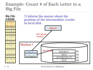 Example: Count # of Each Letter in a Big File An Introduction to MapReduce Big File 640MB Master 7) Inform the master about the position of the intermediate results in local disk  a t b o m a p r r e d u c e g o o o g l e a p i m a c a c a b r a a r r o z f e i j a o t o m a t e c r u i m e s s o l Machine 1 R1 R2 R3 R4 MT1 Results Location MT1 Results Map T.1 In-Progress (a,2) (b,1)  (m1) (o,1) (p,1) (r, 1) (y,1) 