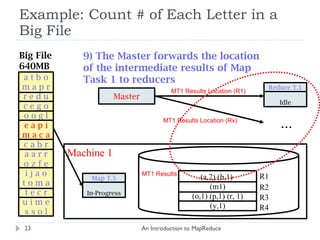 Example: Count # of Each Letter in a Big File An Introduction to MapReduce Master 9) The Master forwards the location of the intermediate results of Map Task 1 to reducers Machine 1 R1 R2 R3 R4 MT1 Results MT1 Results Location (R1) MT1 Results Location (Rx) Big File 640MB a t b o m a p r r e d u c e g o o o g l e a p i m a c a c a b r a a r r o z f e i j a o t o m a t e c r u i m e s s o l ... Map T.5 In-Progress Reduce T.1 Idle (a,2) (b,1)  (m1) (o,1) (p,1) (r, 1) (y,1) 
