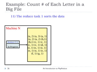 Example: Count # of Each Letter in a Big File An Introduction to MapReduce Machine N (a, 2) (a, 3) (a, 1) (a, 2) (a, 2) (b,1) (b,1) (c, 1) (c, 1) (c, 1) (c, 1) (d, 1) (e, 1) (e, 1) (e, 1)  (e, 1) (e, 1) (e, 1) (f, 1) (g, 1) 11) The reduce task 1 sorts the data Reduce T.1 In-Progress 